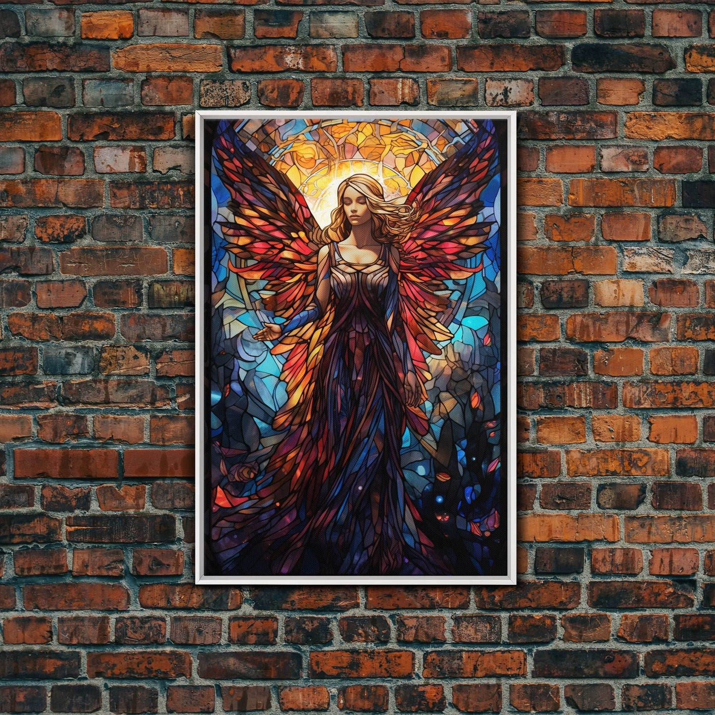 Angel, Fantasy Art, Angel Wings, Canvas Print, Wall Hanging, Portrait Art, Stained Glass Art, Housewarming Gift, Bedroom Teen Girl Art - 8x12 Inches / White Frame