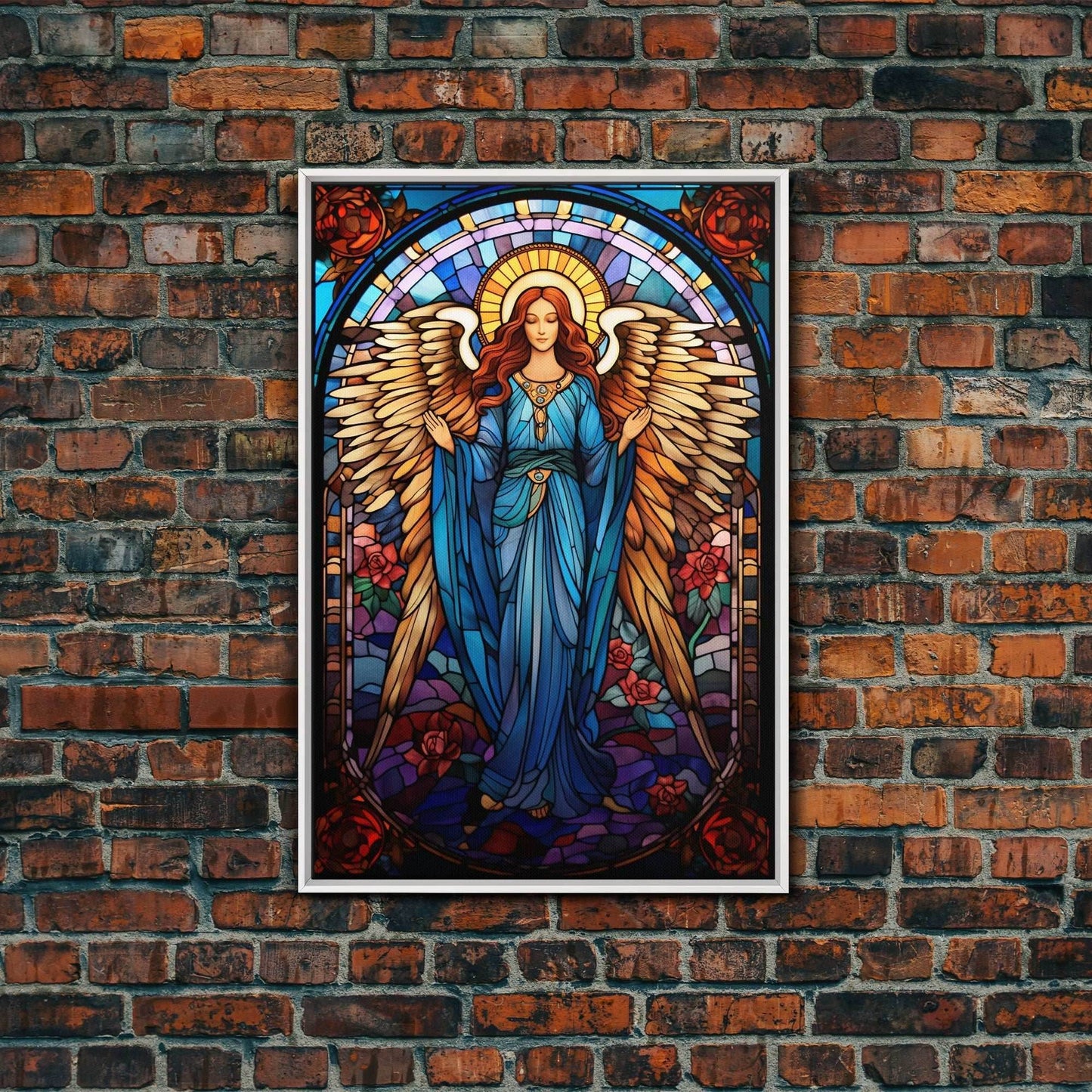 Angel, Fantasy Artwork Canvas Print, Wall Hanging, Portrait Art, Stained Glass Art, Mystical Wall Art, Tiny House Decor, Gift For Women - 8x12 Inches / White Frame