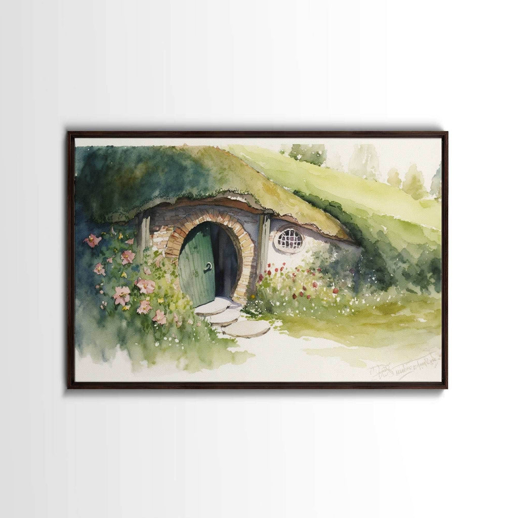 The Shire Oil Painting Print, Framed Wall Art, Hobbitcore Decor, Hobbit Hole Landscape Painting Print, Rings, Fantasy Painting - 8x12 Inches / Walnut Frame