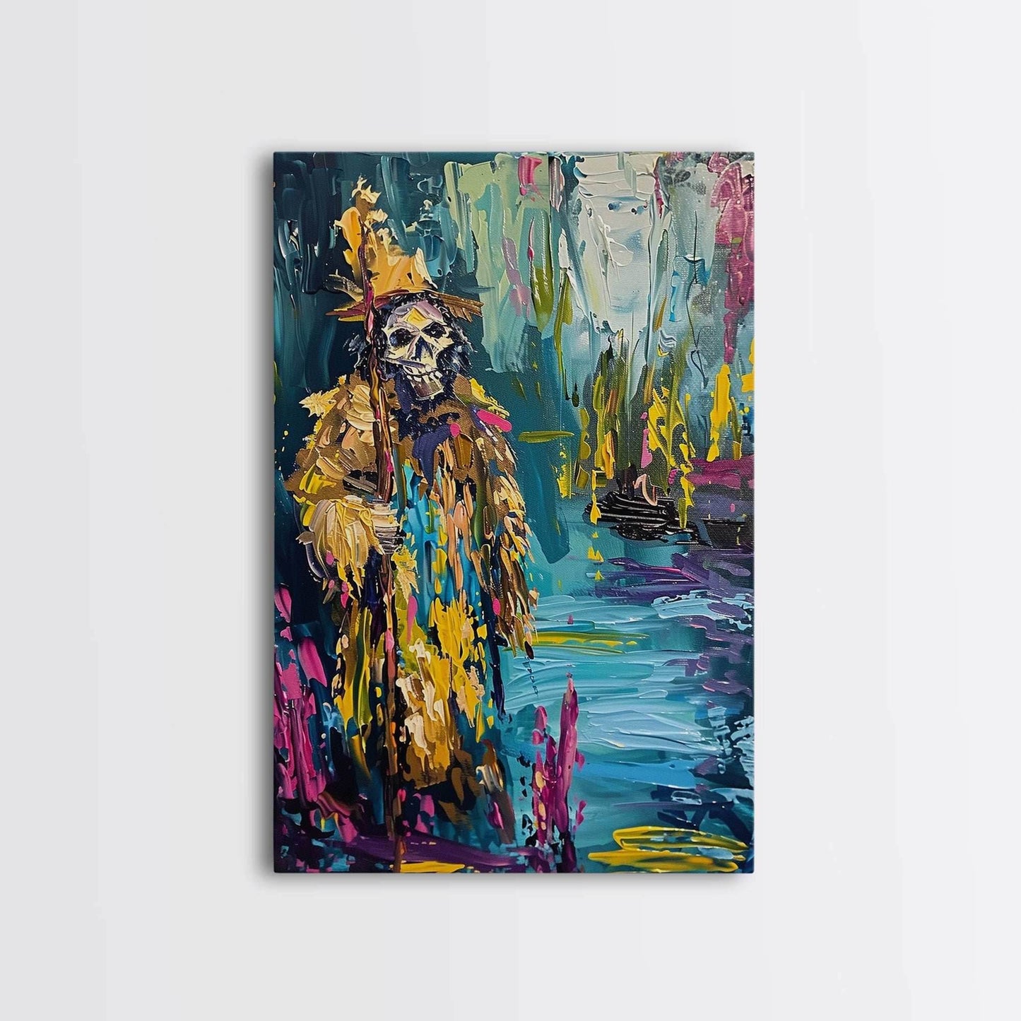 Halloween Skeleton Wizard, Framed Canvas Print, Wall Art, Home Decor, Spooky Artwork, Witchcraft Decor, Fantasy Art, Holiday Decor - 8x12 Inches / Gallery Wrap Canvas - Ready To Hang
