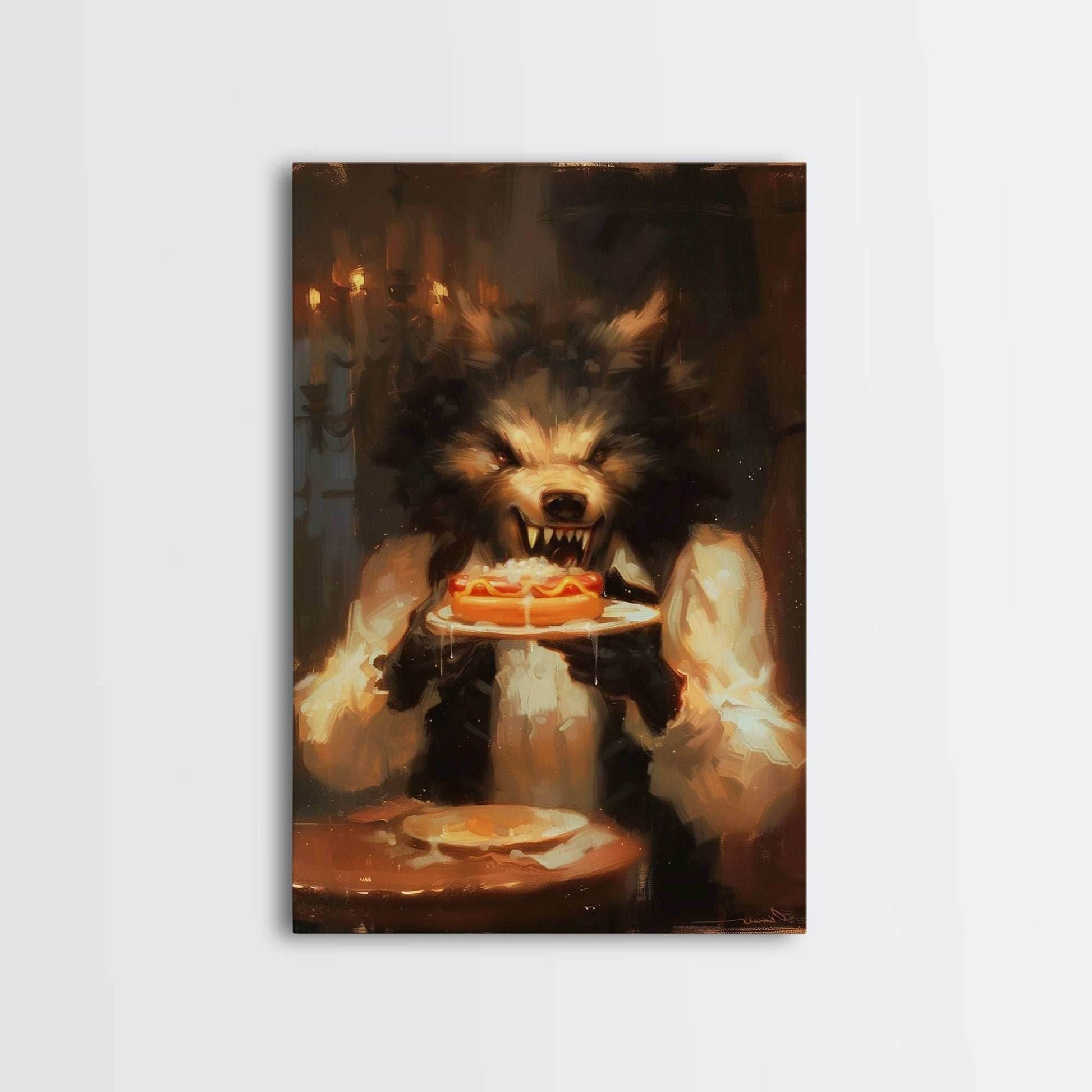 Halloween Werewolf Eating Hotdog, Framed Canvas Print, Wall Art, Spooky Artwork, Fantasy Decor, Halloween Decor, Whimsical Funny Halloween - 8x12 Inches / Gallery Wrap Canvas - Ready To Hang