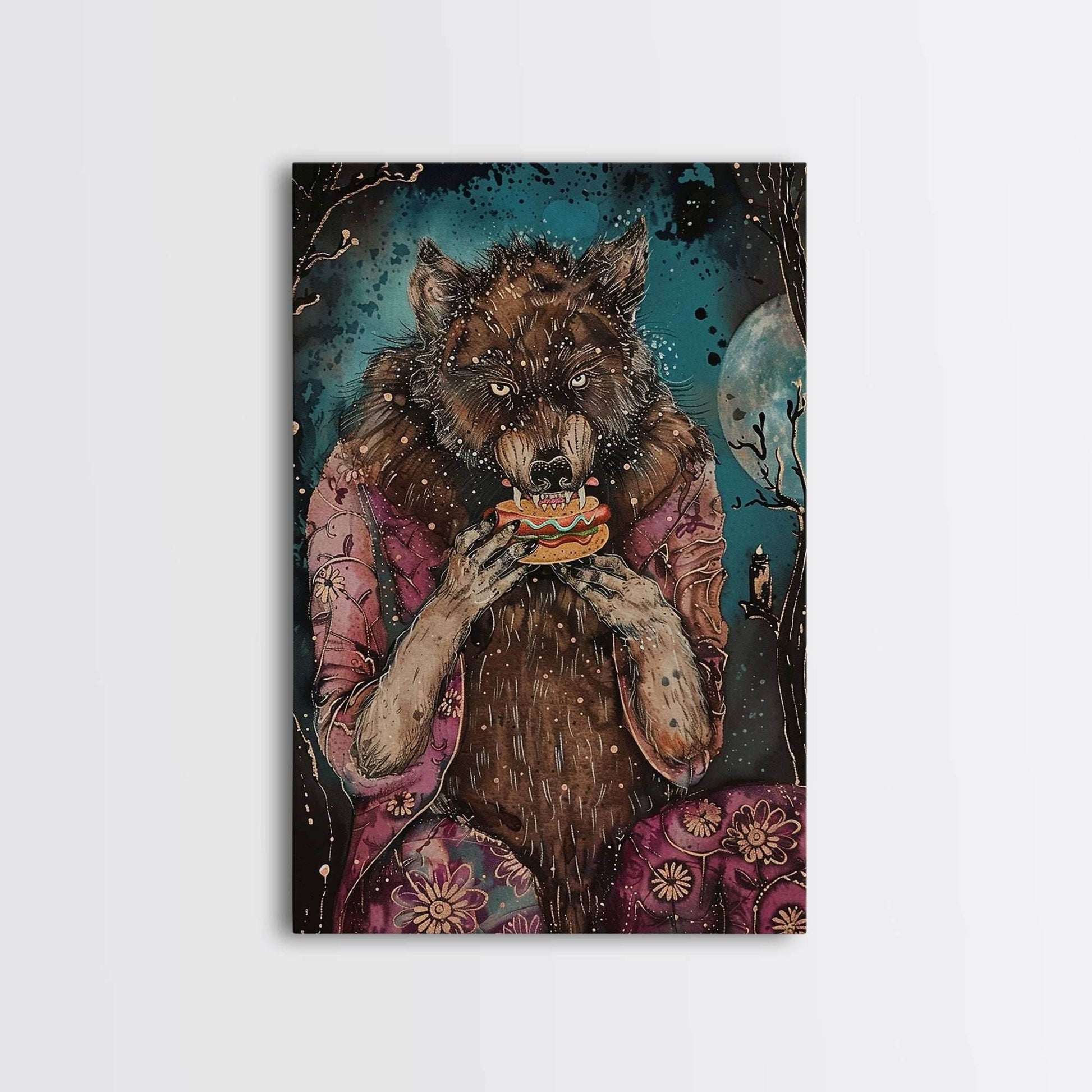 Halloween Werewolf Enjoying Hotdog, Framed Canvas Print, Wall Art, Home Decor, Spooky Artwork, Fantasy Decor, Halloween Decor, Holiday Gift - 8x12 Inches / Gallery Wrap Canvas - Ready To Hang