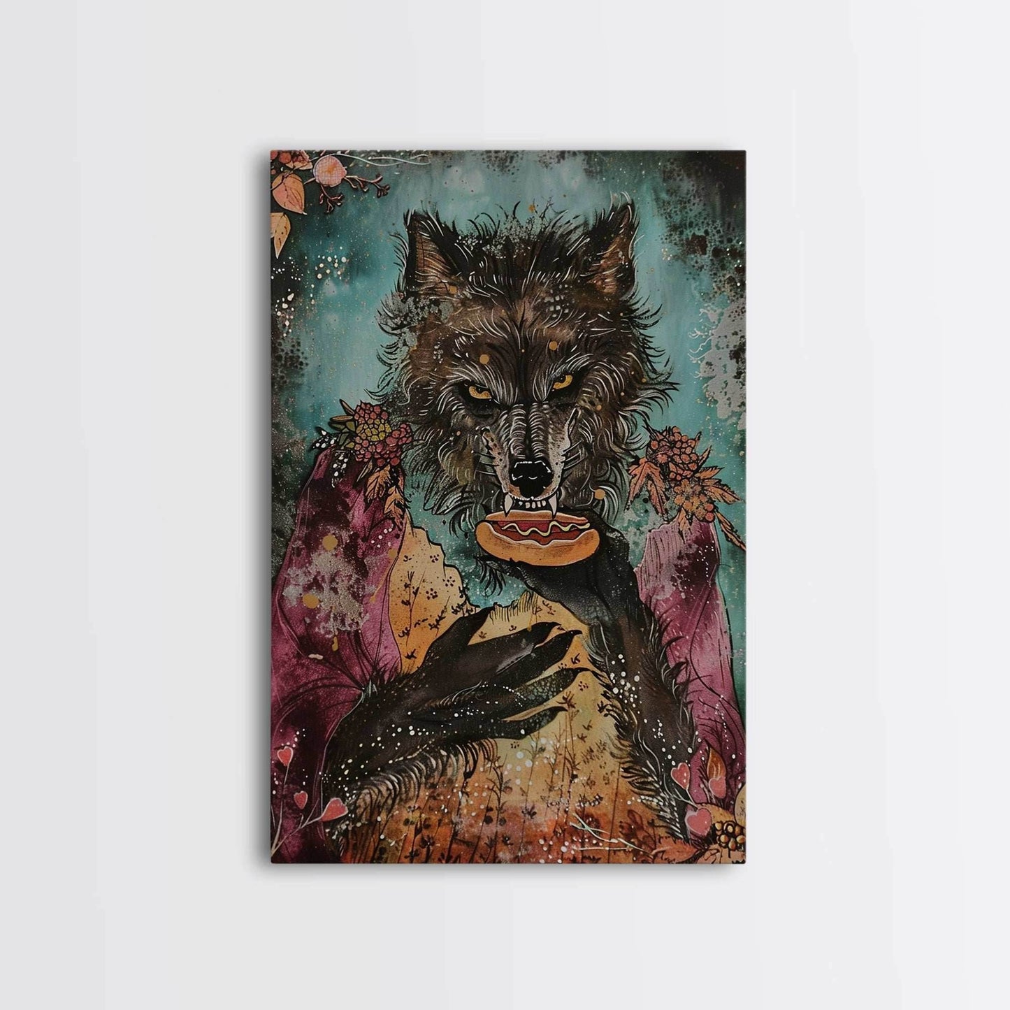 Halloween Werewolf Holding Hotdog, Framed Canvas Print, Wall Art, Home Decor, Spooky Artwork, Fantasy Decor, Halloween Decor - 8x12 Inches / Gallery Wrap Canvas - Ready To Hang