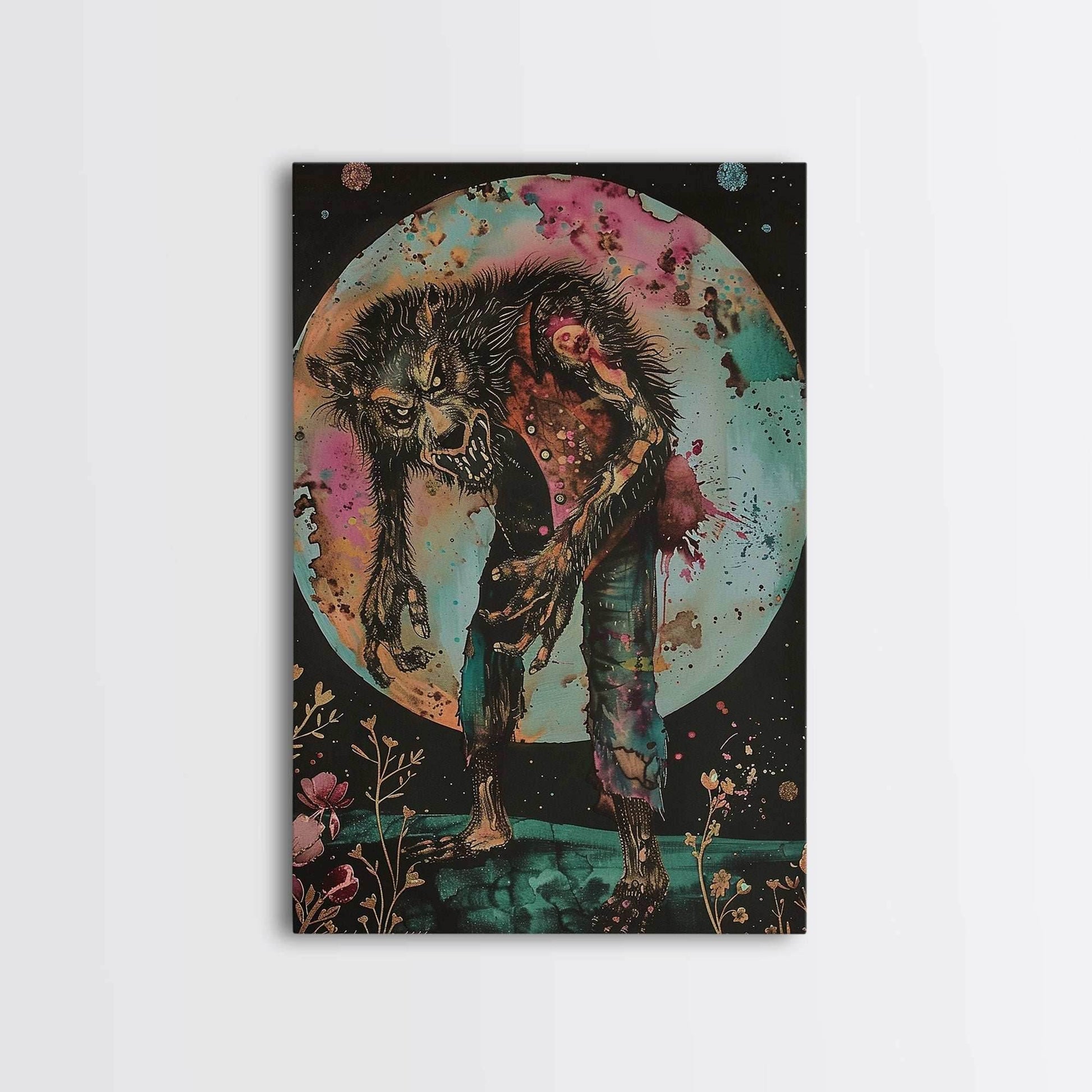 Halloween Werewolf Transformation, Framed Canvas Print, Wall Art, Home Decor, Spooky Artwork, Monster Decor, Halloween Decor, Fantasy Art - 8x12 Inches / Gallery Wrap Canvas - Ready To Hang