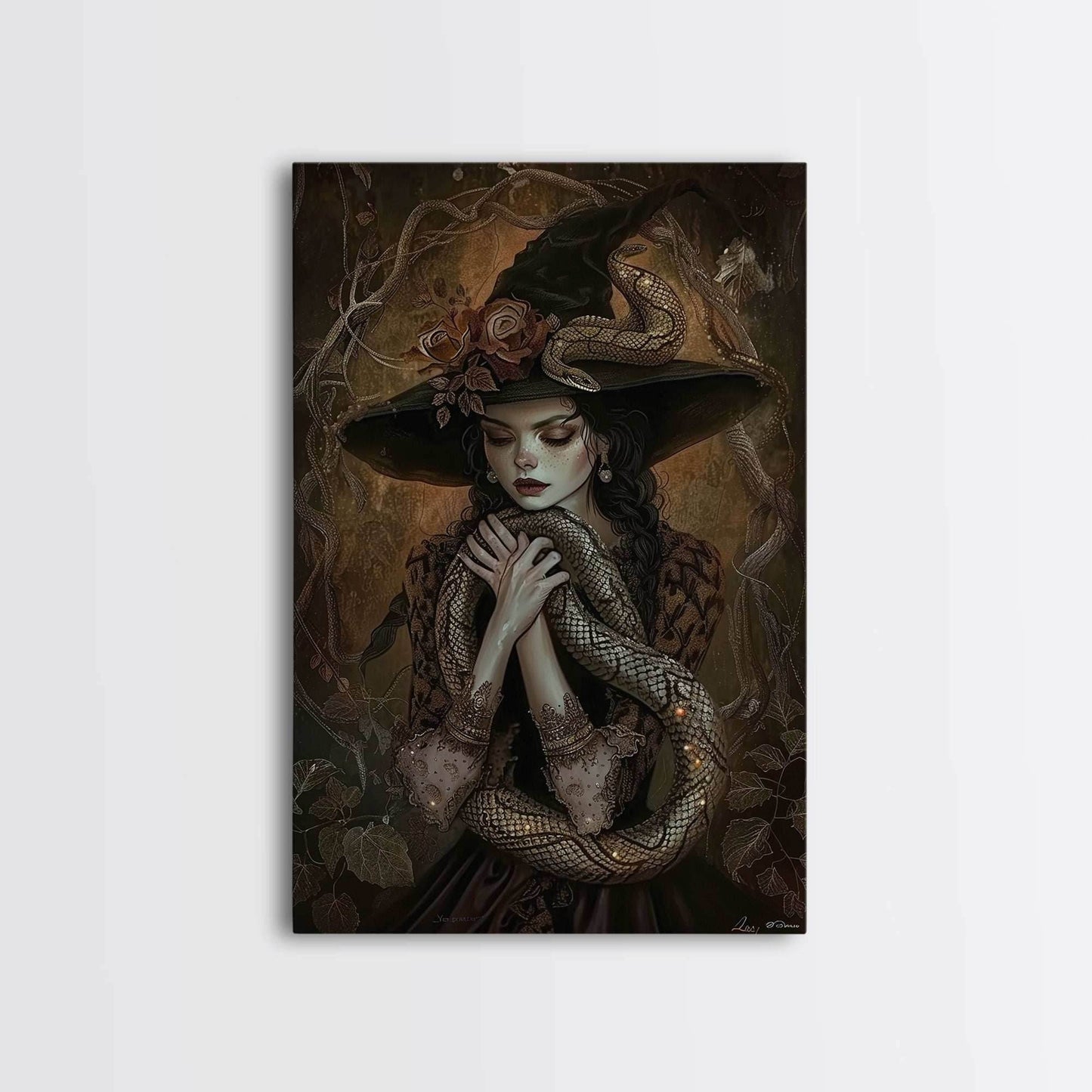 Mysterious Witch Holding Snake, Framed Canvas Print, Gothic Witch Art, Dark Fantasy Decor, Witch and Serpent, Halloween Accessories - 8x12 Inches / Gallery Wrap Canvas - Ready To Hang