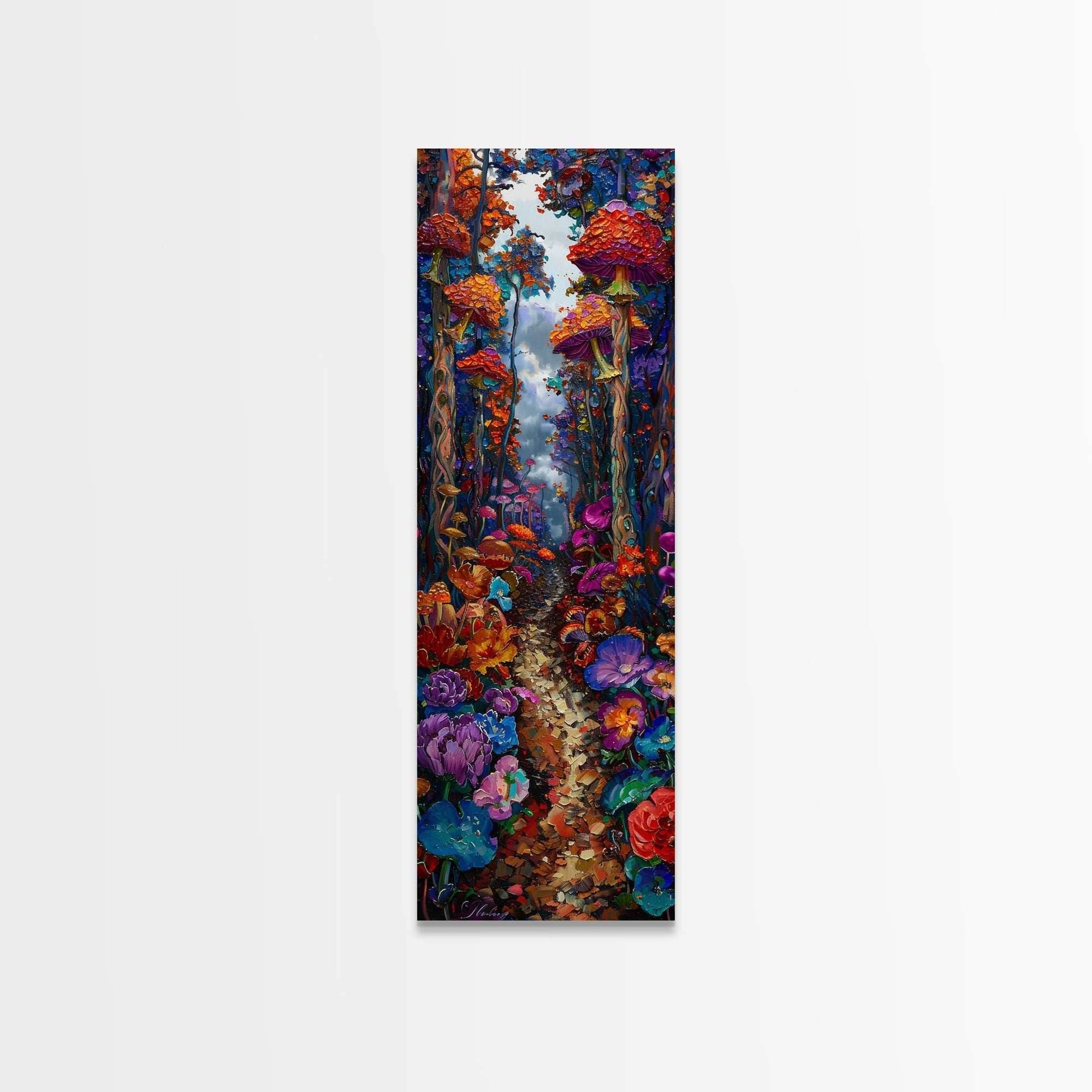 Fantasy Forest Pathway with Giant Mushrooms as Tall Skinny Art Framed Canvas Print for Whimsical Wall Decor in Unique Spaces - 10x30 Inches / Gallery Wrap Canvas - Ready To Hang
