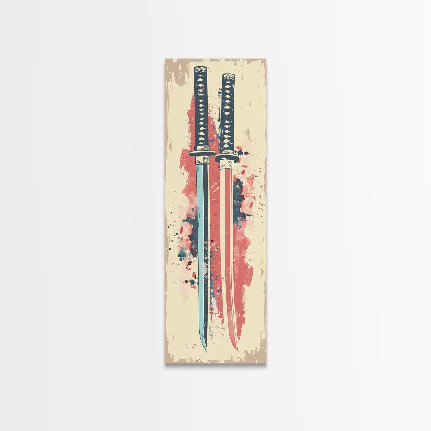 Abstract Samurai Swords Framed Canvas Print Ukiyo-e Art Japanese Style Tall Art Skinny Art Wood Block Print - 10x30 Inches / Gallery Wrap Canvas - Ready To Hang