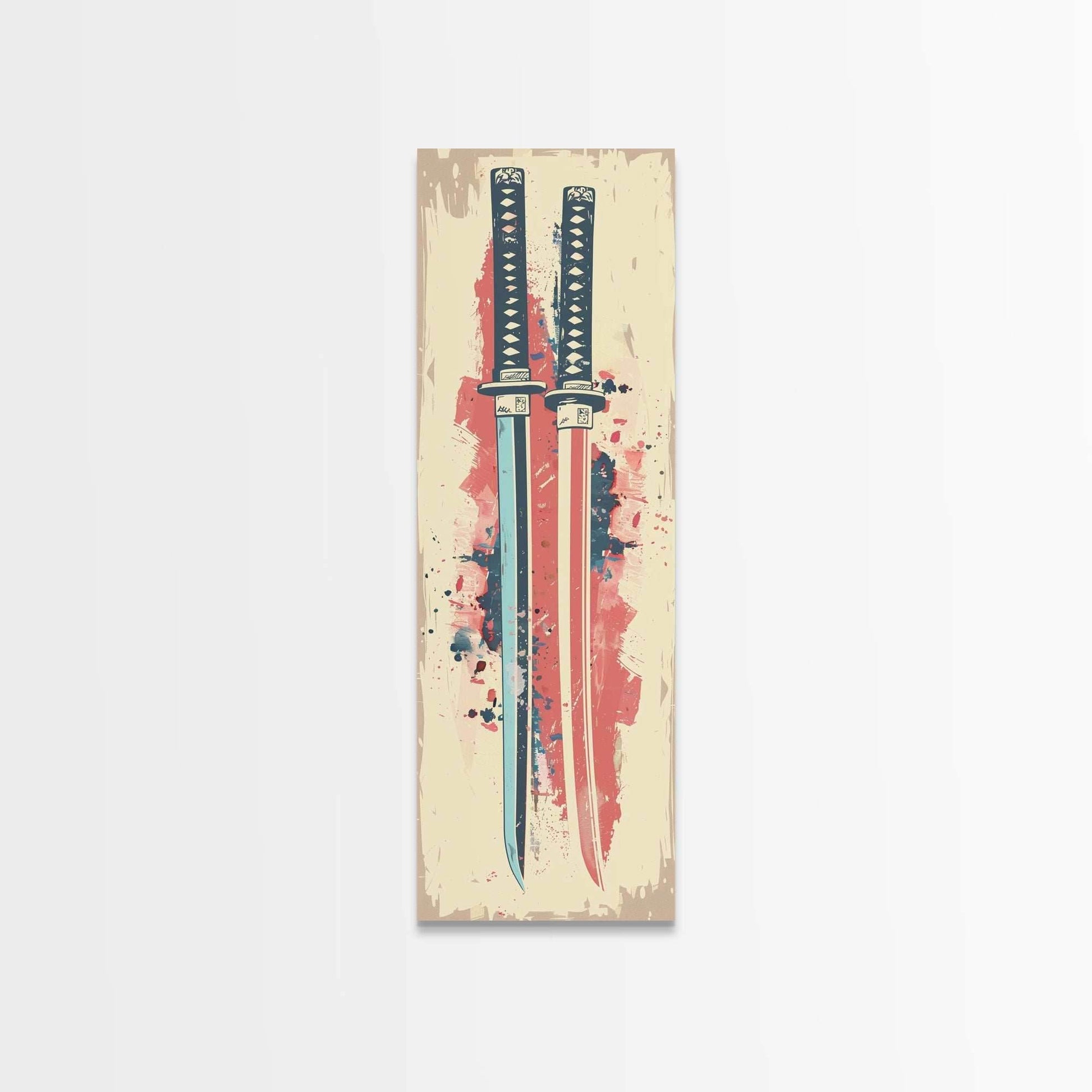 Abstract Samurai Swords Framed Canvas Print Ukiyo-e Art Japanese Style Tall Art Skinny Art Wood Block Print - 10x30 Inches / Gallery Wrap Canvas - Ready To Hang