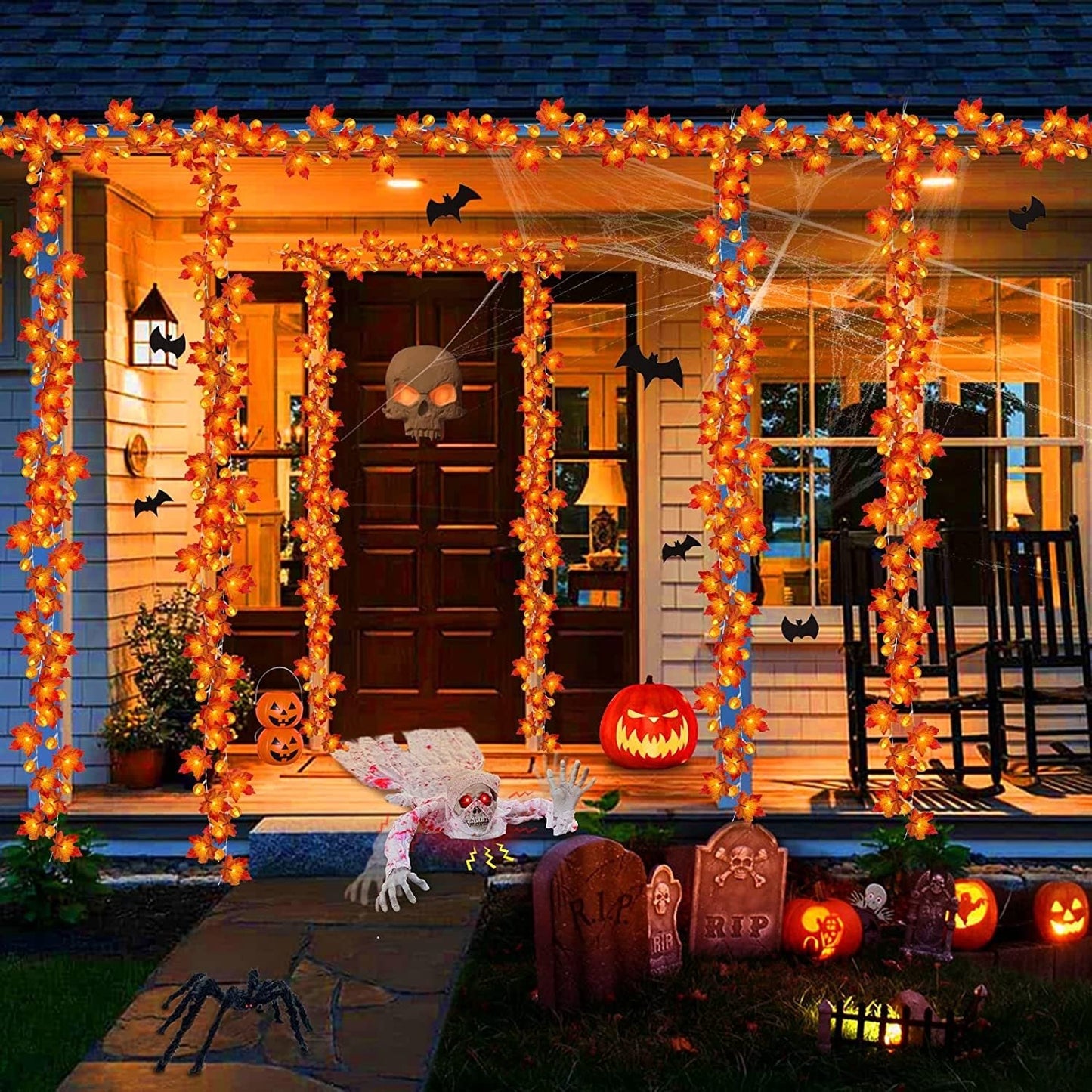 3 Pack Fall Garland with Pumpkin Lights & Enlarged Maple Fall String Lights Halloween Pumpkins Lights, 30Ft 60LED Waterproof Battery Operated Fall Decorations Home Indoor Outdoor Thanksgiving Decor