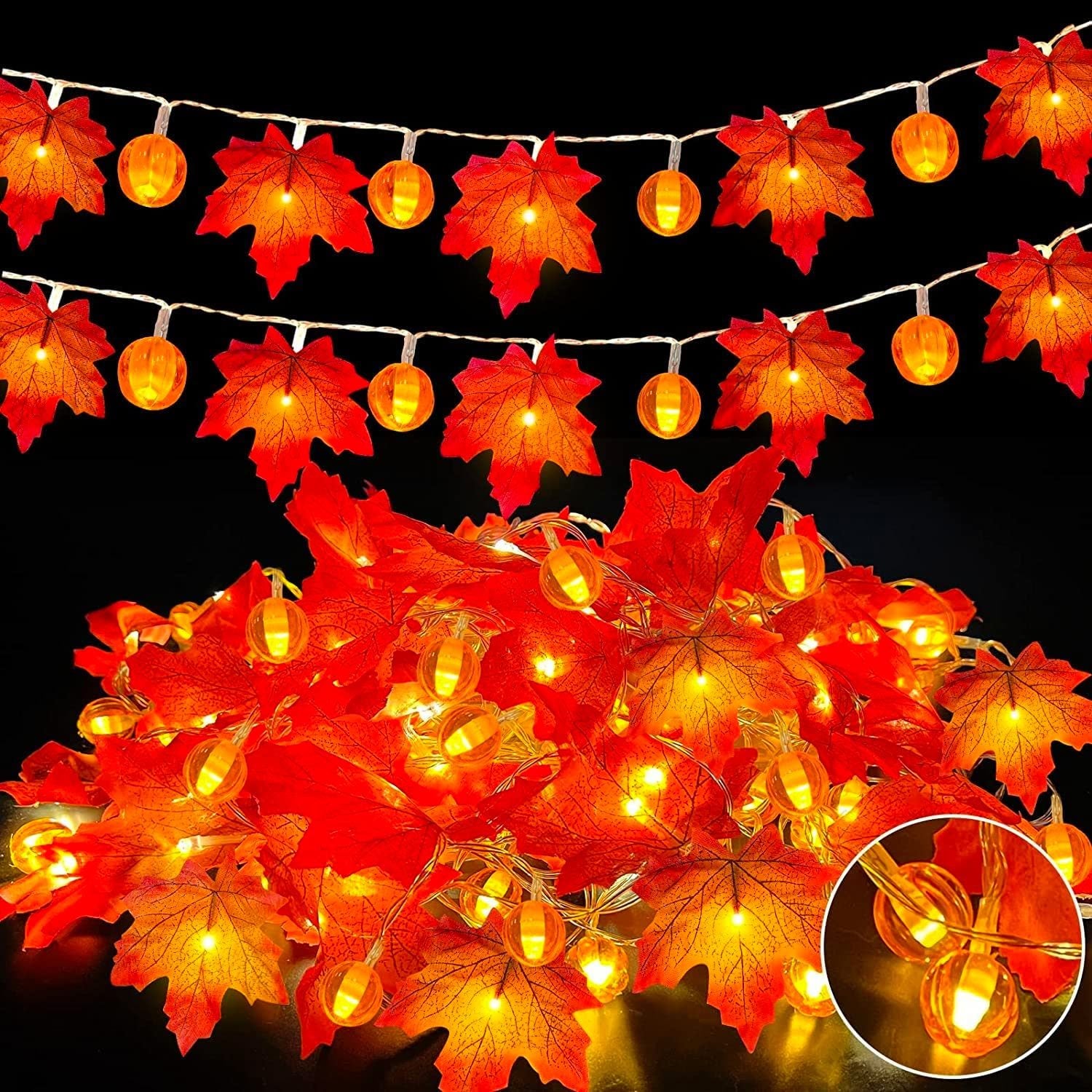 3 Pack Fall Garland with Pumpkin Lights & Enlarged Maple Fall String Lights Halloween Pumpkins Lights, 30Ft 60LED Waterproof Battery Operated Fall Decorations Home Indoor Outdoor Thanksgiving Decor