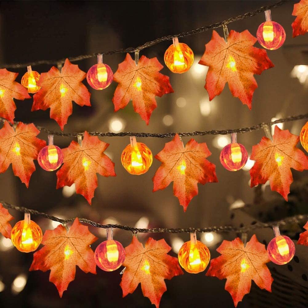 3 Pack Fall Garland with Pumpkin Lights & Enlarged Maple Fall String Lights Halloween Pumpkins Lights, 30Ft 60LED Waterproof Battery Operated Fall Decorations Home Indoor Outdoor Thanksgiving Decor