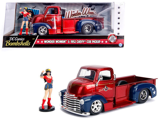 1952 Chevrolet COE Pickup Truck Candy Red and Blue with Wonder Woman Diecast Figure "DC Comics Bombshells" Series "Hollywood Rides" 1/24 Diecast Model Car by Jada-0