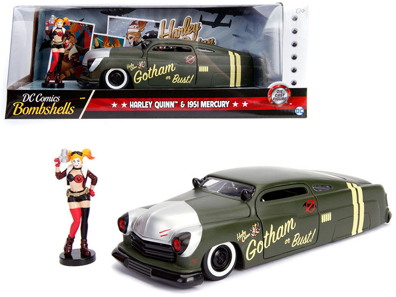 1951 Mercury Matt Green with Harley Quinn Diecast Figurine "DC Comics Bombshells" Series 1/24 Diecast Model Car by Jada-0