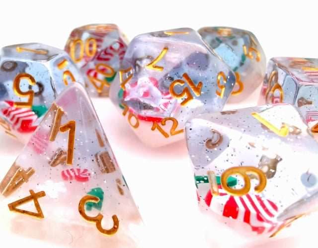 Red & White Stocking Inclusion with Frost and Tree 7-Dice Set RPG DND - 