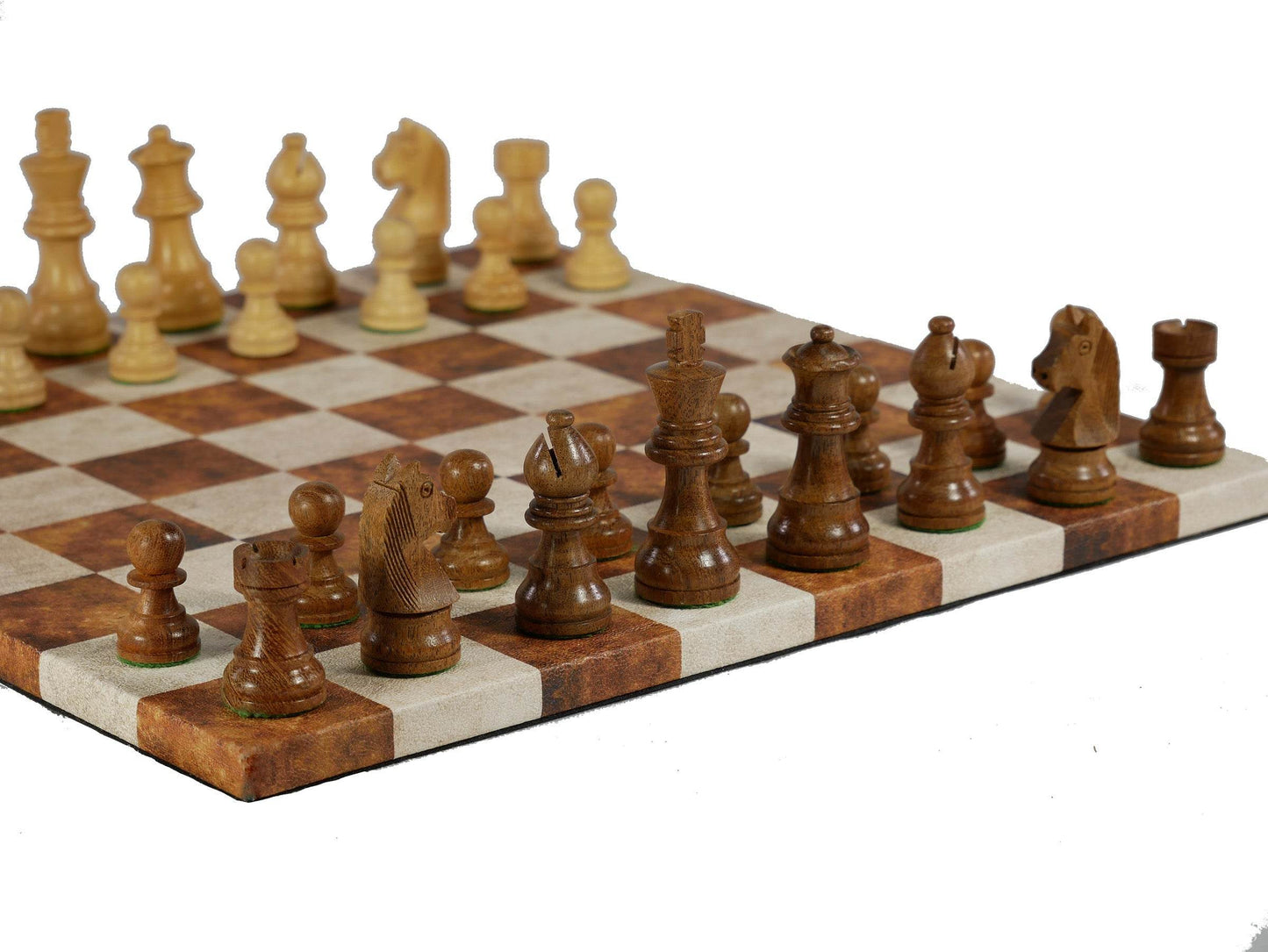 Chess Set - Sheesham/Boxwood German Knight on Caramel & Cream Leatherette Board - 