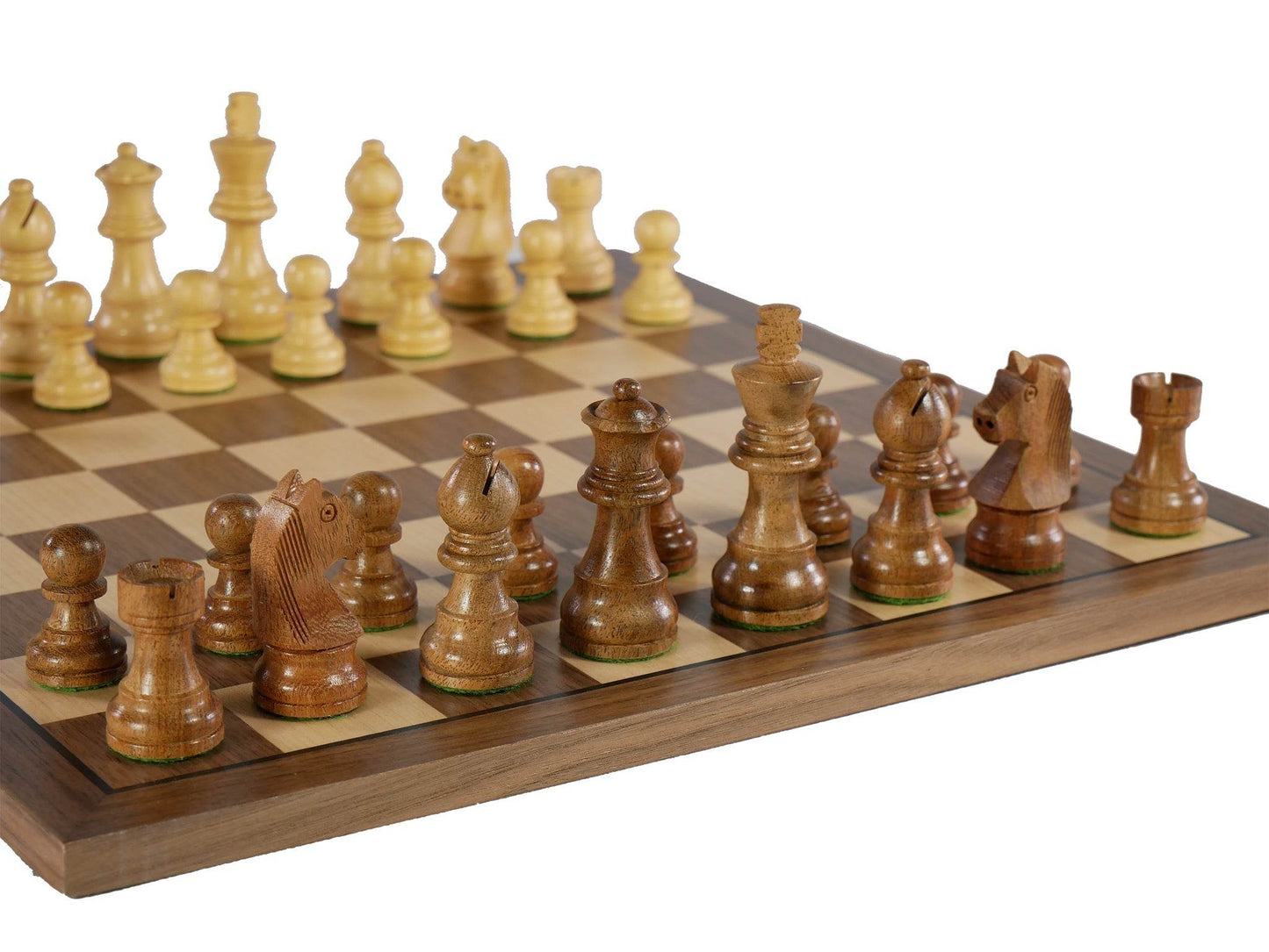 Chess Set - Sheesham/Boxwood German Knight on Walnut & Maple Veneer Board - 