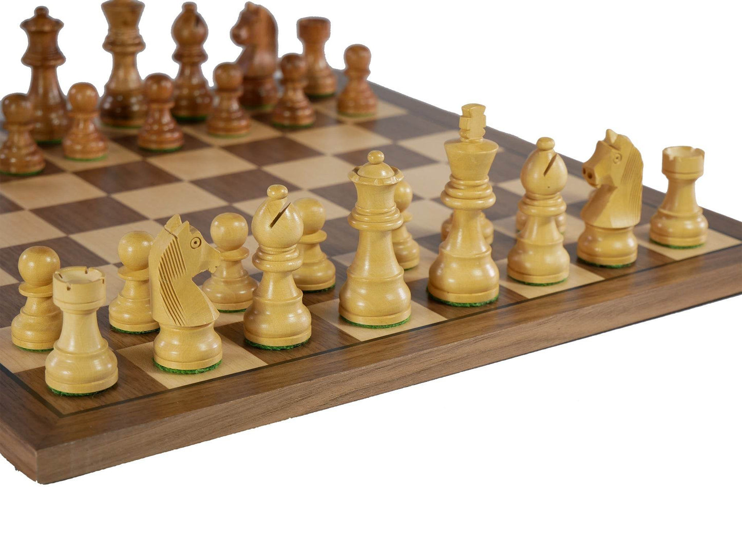 Chess Set - Sheesham/Boxwood German Knight on Walnut & Maple Veneer Board - 