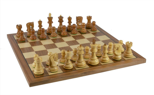 Chess Set - 3" Sheesham/Boxwood Opposite Tops on 14" Walnut/Maple Chess Board