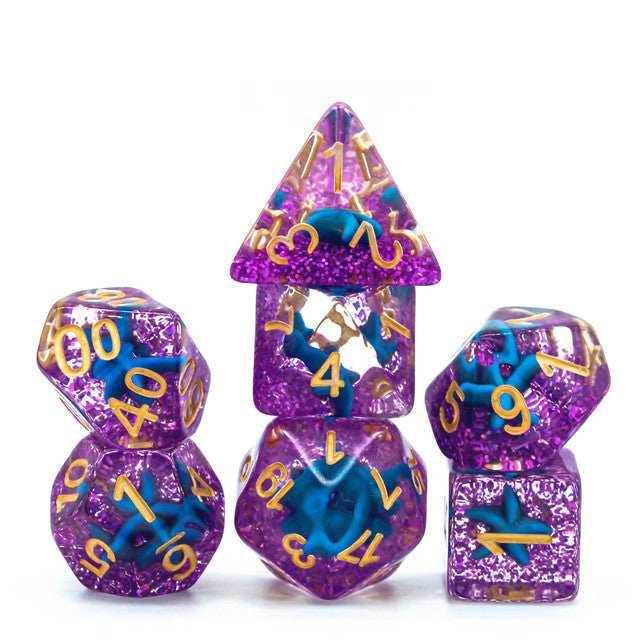 Purple w/Blue Starfish Dice 7-Dice Set Resin Dungeons and Dragons Dice - 
