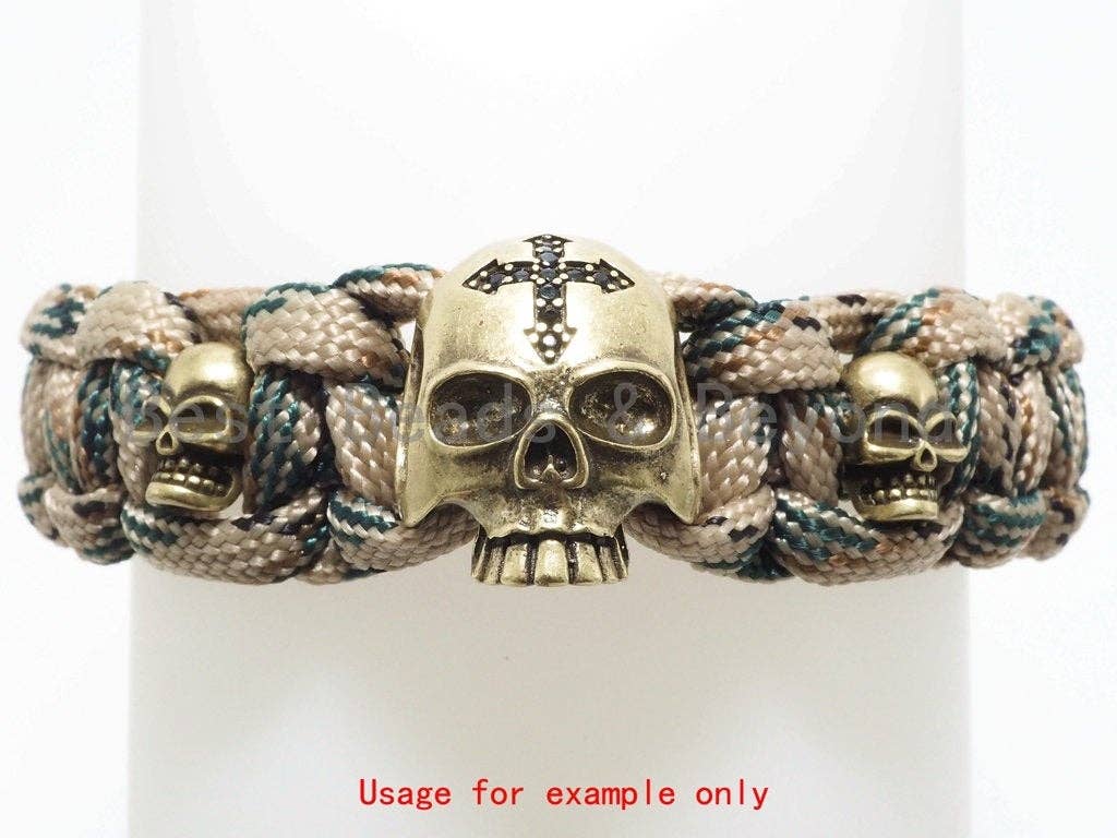Black CZ Pave Cross on Skull Head Bead,Paracord Survival Bracelet Beads,Keychain Lanyard Making Beads,Men's Jewelry Findings,20mm,sku#Y111