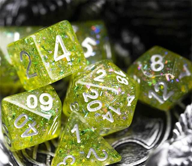 Green Cloud Brocade Powder 7-Dice Dnd Dice | Glitter w/Silver Numbers Set - 