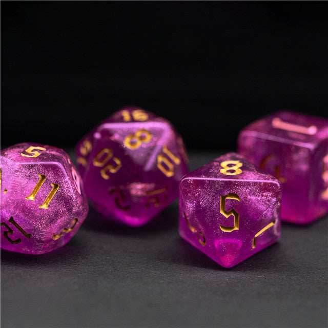 Violet Glitter Party Glitter Dice (Gold font) 7-Dice Set RPG DND - 