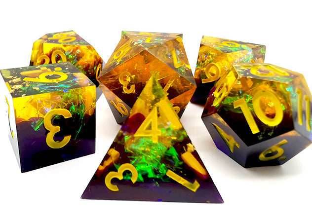 Starry Sky Yellow w/ Purple Shimmer 7-Dice Set Resin Sharp Edge RPG DND - 