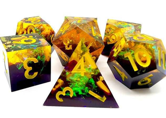 Starry Sky Yellow w/ Purple Shimmer 7-Dice Set Resin Sharp Edge RPG DND - 