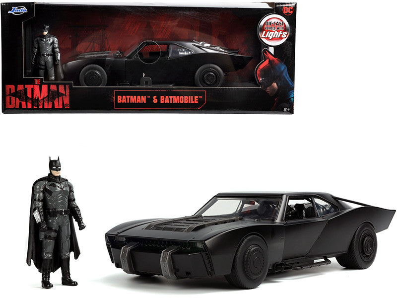 Batmobile Matt Black with Lights with Batman Diecast Figurine "The Batman" (2022) Movie "DC Comics" 1/18 Diecast Model Car by Jada-0