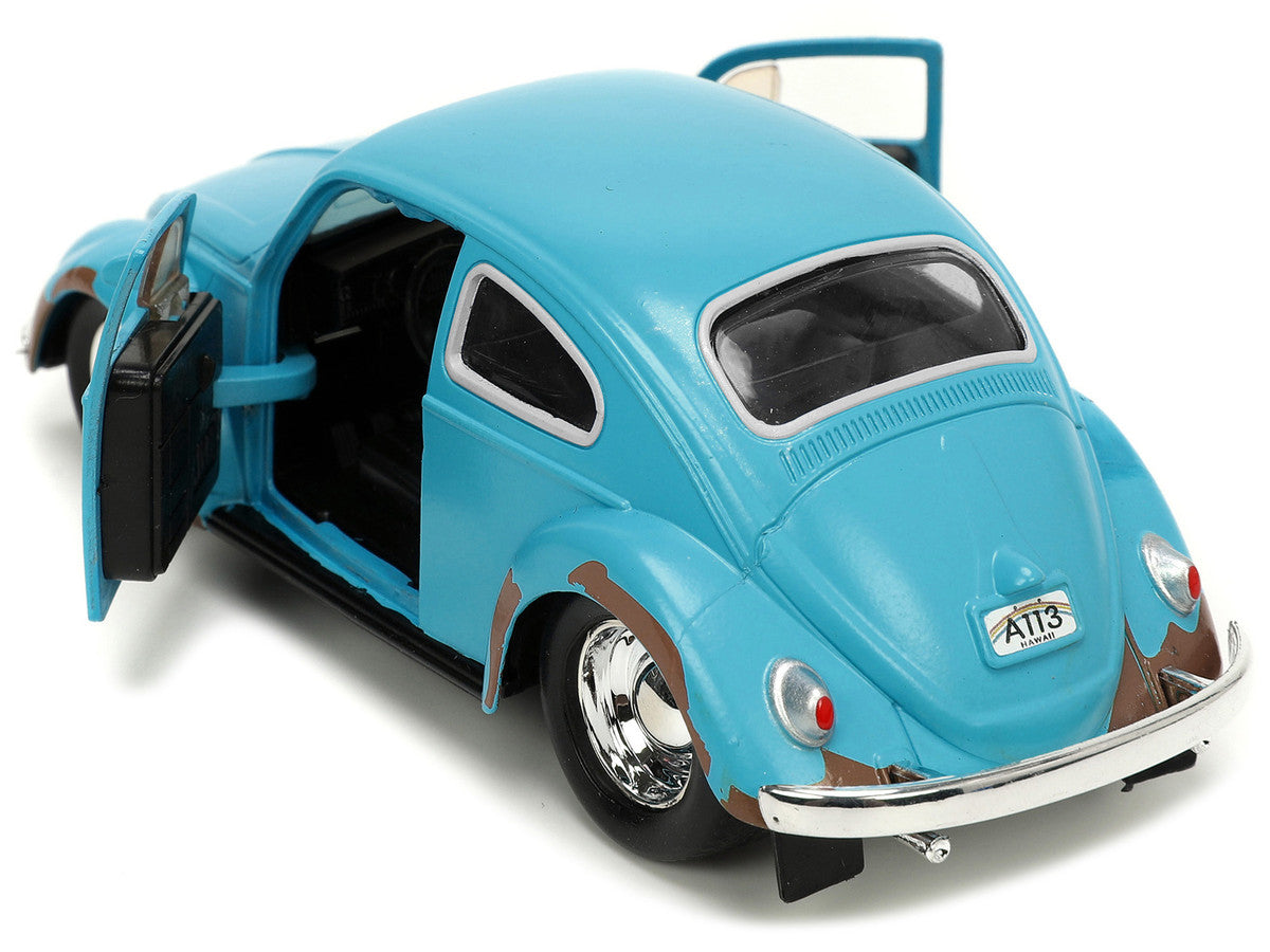 Volkswagen Beetle Matt Blue (Weathered) and Stitch Diecast Figure "Lilo and Stitch" (2002) Movie "Hollywood Rides" Series 1/32 Diecast Model Car by Jada-2