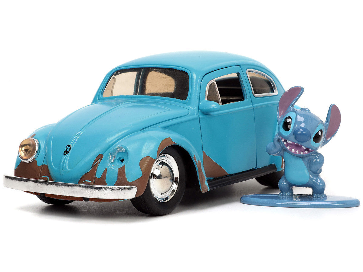 Volkswagen Beetle Matt Blue (Weathered) and Stitch Diecast Figure "Lilo and Stitch" (2002) Movie "Hollywood Rides" Series 1/32 Diecast Model Car by Jada-3