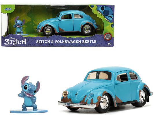 Volkswagen Beetle Matt Blue (Weathered) and Stitch Diecast Figure "Lilo and Stitch" (2002) Movie "Hollywood Rides" Series 1/32 Diecast Model Car by Jada-0