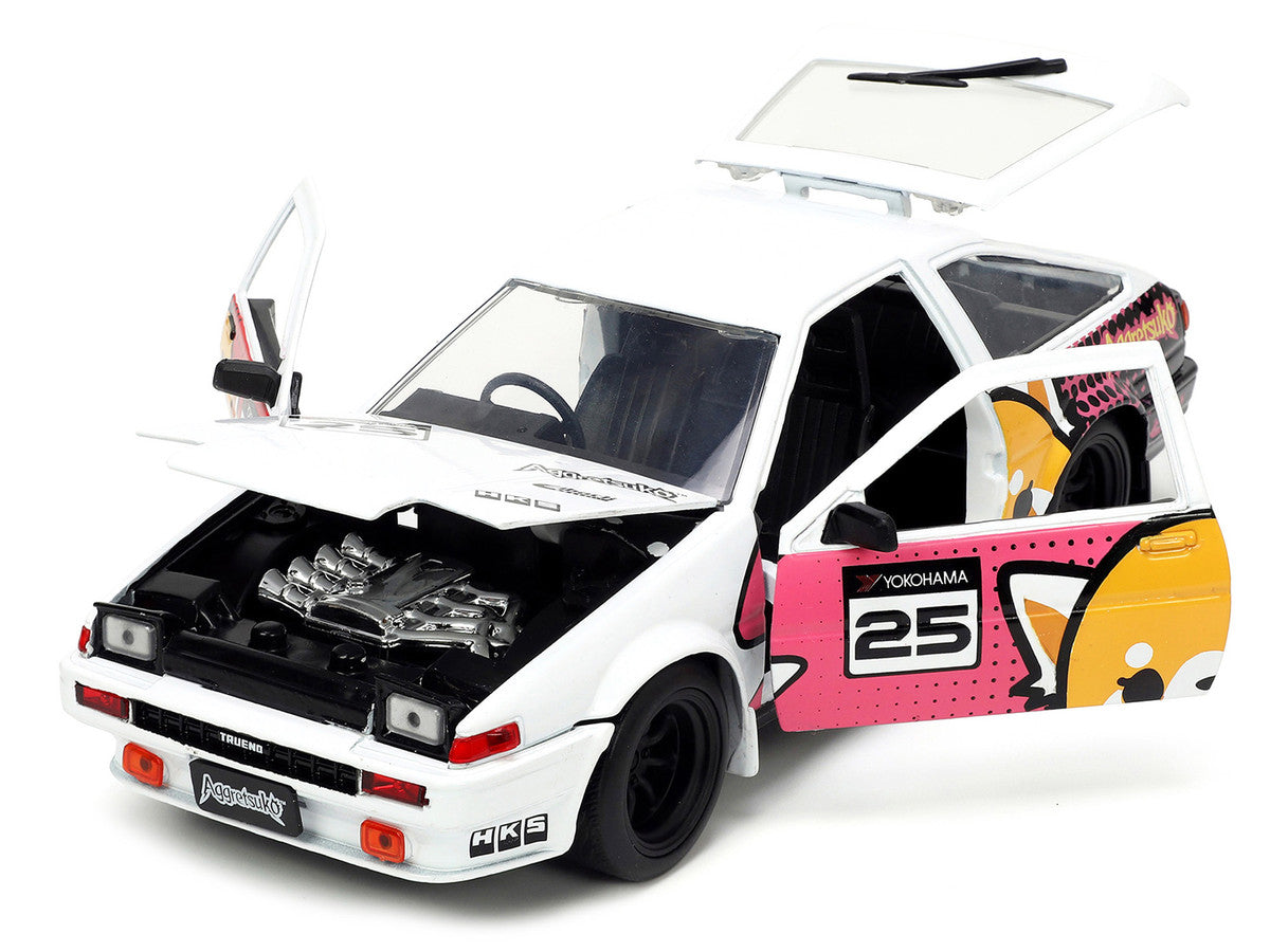 1986 Toyota Trueno (AE86) RHD (Right Hand Drive) #25 White with Graphics and Aggretsuko Diecast Figure "Aggretsuko" "Anime Hollywood Rides" Series 1/24 Diecast Model Car by Jada-1