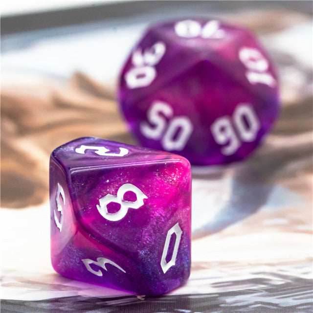 Purple + Red Glitter Party Dice (White font) 7-Dice Set RPG DND - 
