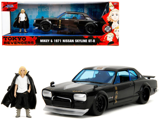 1971 Nissan Skyline GT-R RHD (Right Hand Drive) Black with Silver Stripe and Mikey Diecast Figure "Tokyo Revengers" (2021) TV Series "Anime Hollywood Rides" Series 1/24 Diecast Model Car by Jada-0