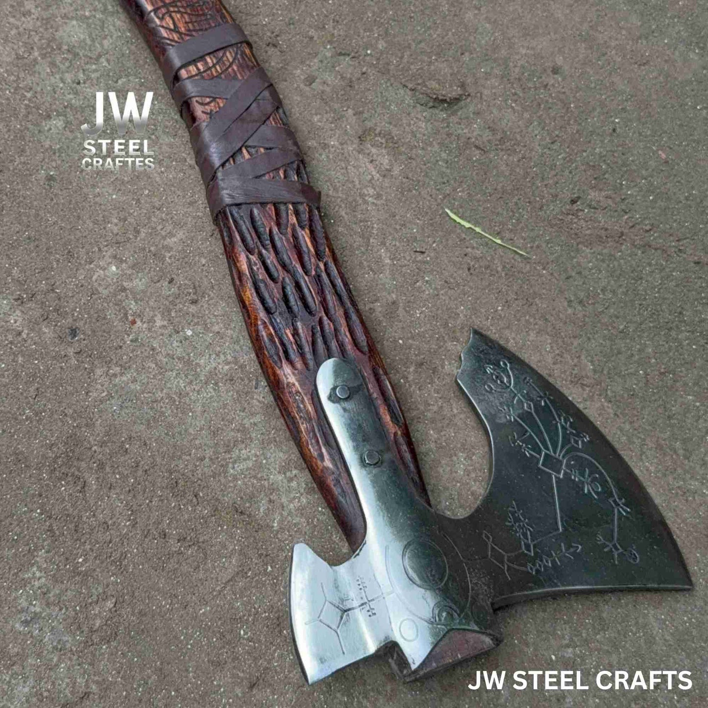 Hand Engraved Viking Double-Bit Axe with Carved Hardwood Handle and Norse Rune Detailing | Handmade Damascus Steel Collector Axe | JW SteelCrafts