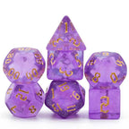 Purple Glitter Party Glitter Dice (Gold font) 7-Dice Set RPG DND - 