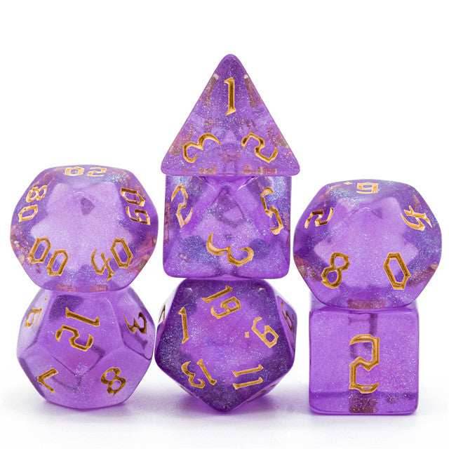 Purple Glitter Party Glitter Dice (Gold font) 7-Dice Set RPG DND - 