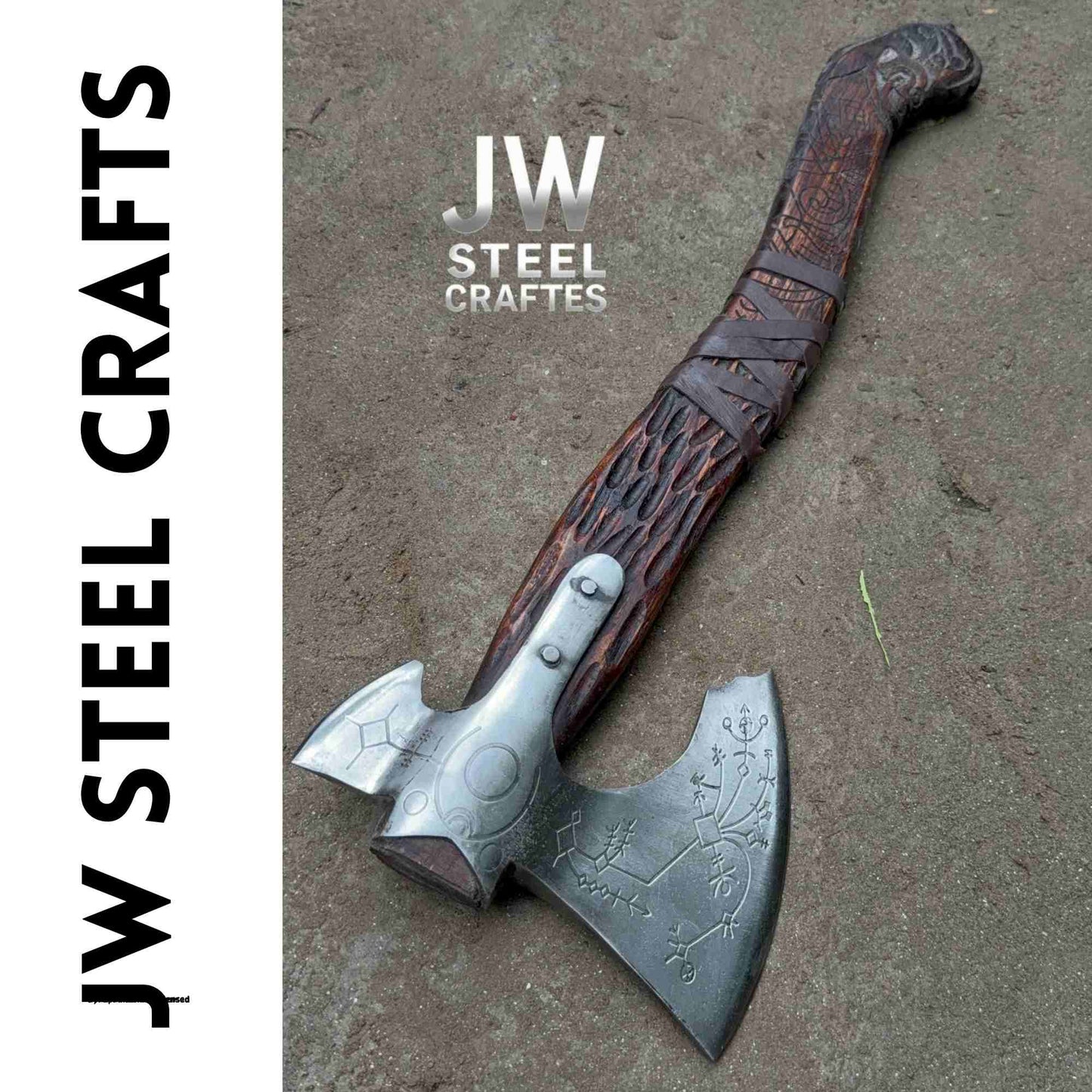 Hand Engraved Viking Double-Bit Axe with Carved Hardwood Handle and Norse Rune Detailing | Handmade Damascus Steel Collector Axe | JW SteelCrafts