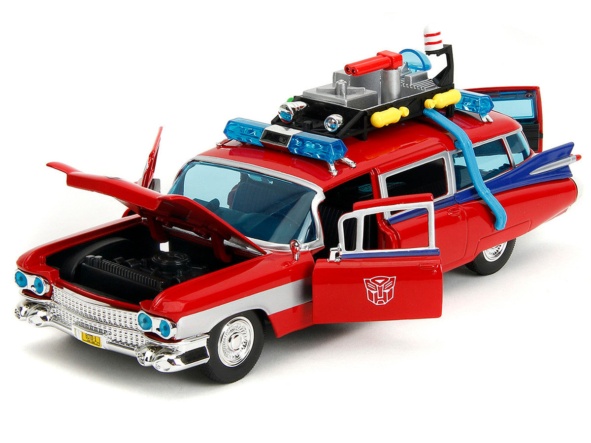 1959 Cadillac Ambulance Ecto-1 Red "Transformers" TV Series - "Ghostbusters" (1984) Movie Crossover "Hollywood Rides" Series 1/24 Diecast Model Car by Jada-1