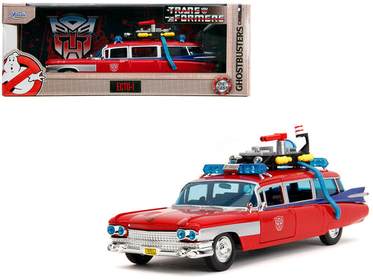 1959 Cadillac Ambulance Ecto-1 Red "Transformers" TV Series - "Ghostbusters" (1984) Movie Crossover "Hollywood Rides" Series 1/24 Diecast Model Car by Jada-0