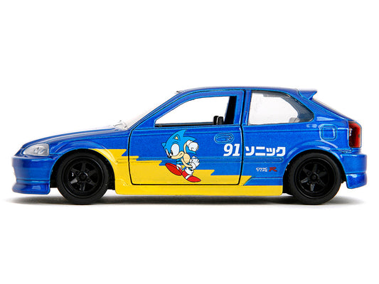 1997 Honda Civic Type R Blue Metallic with Graphics "Sonic the Hedgehog" (1991) Video Game "Hollywood Rides" Series 1/32 Diecast Model Car by Jada-0