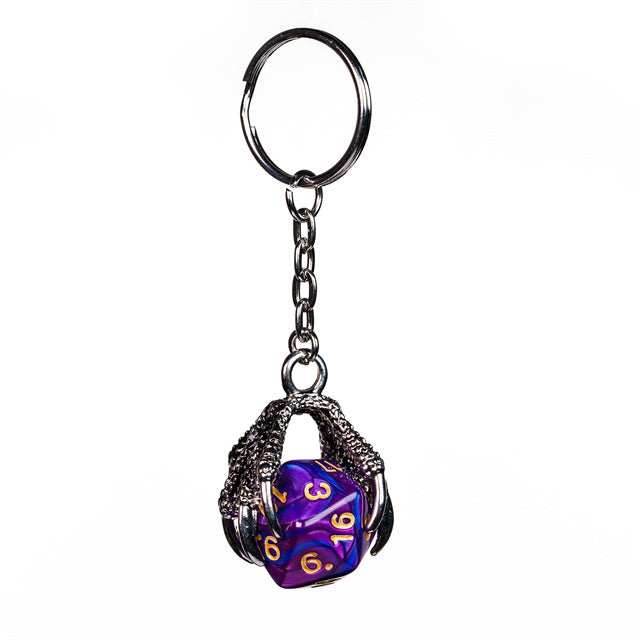 Claw Blended Purple D20 Keychain Featuring Silver Metal Dragon Claw + d20 - 