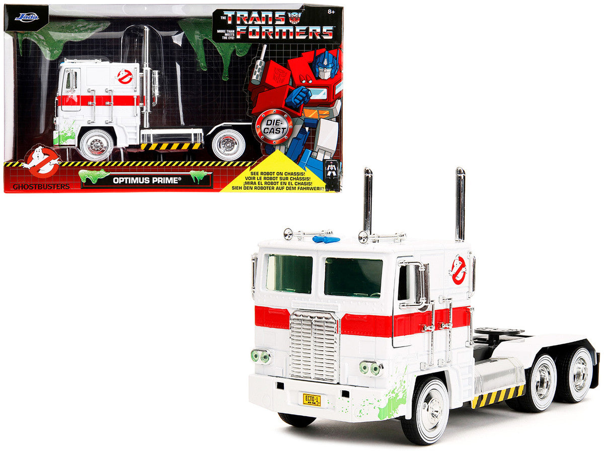 G1 Autobot Optimus Prime Truck White with Robot on Chassis from "Transformers" TV Series - "Ghostbusters" (1984) Movie Crossover "Hollywood Rides" Series 1/24 Diecast Model by Jada-0