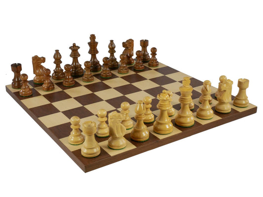 Chess Set - Kikkerwood/Natural Boxwood French Knight Men on Dark Rosewood/Maple Basic Board - 