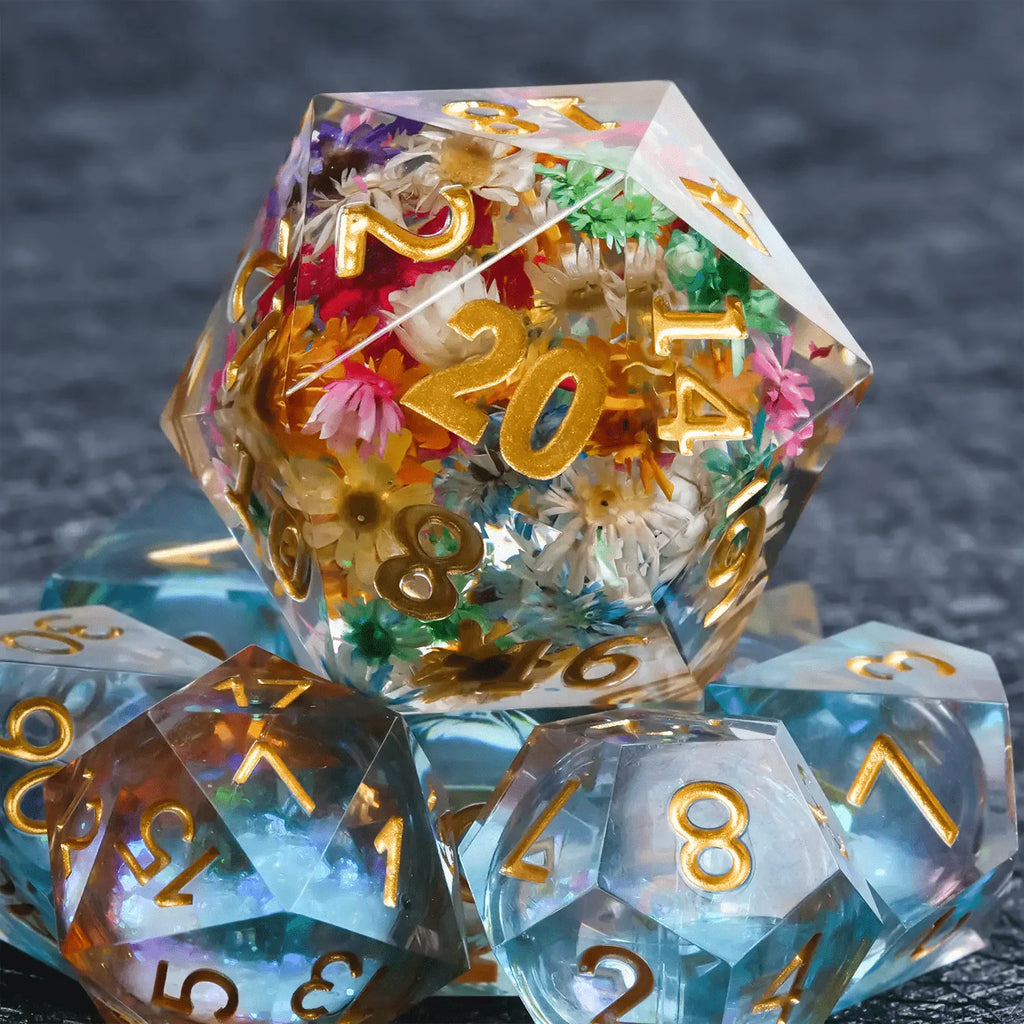 35mm Transparent Resin Giant DND D20 Flower Dice + Gold Numbers