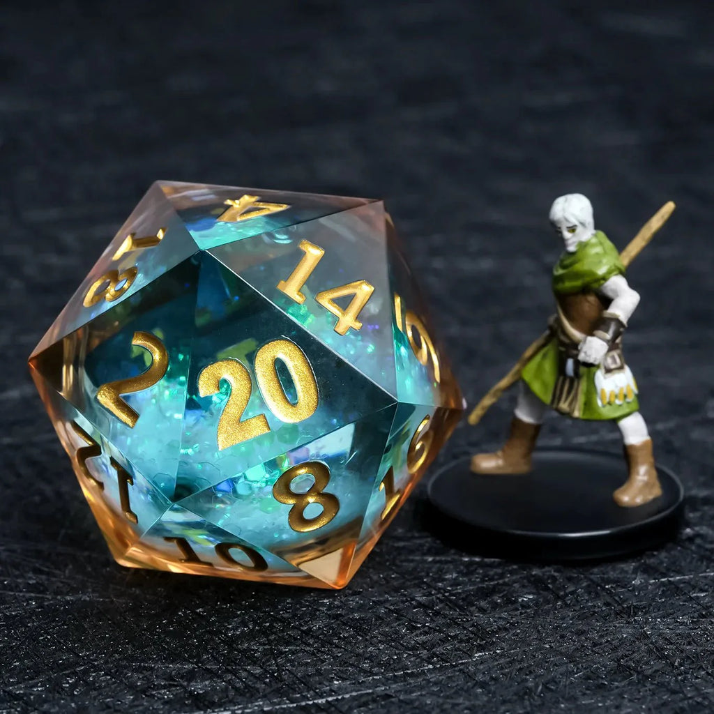 35mm clear gold resin blue glitter liquid core giant D20 dice with gold numbers