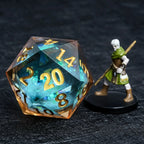 35mm clear gold resin blue glitter liquid core giant D20 dice with gold numbers