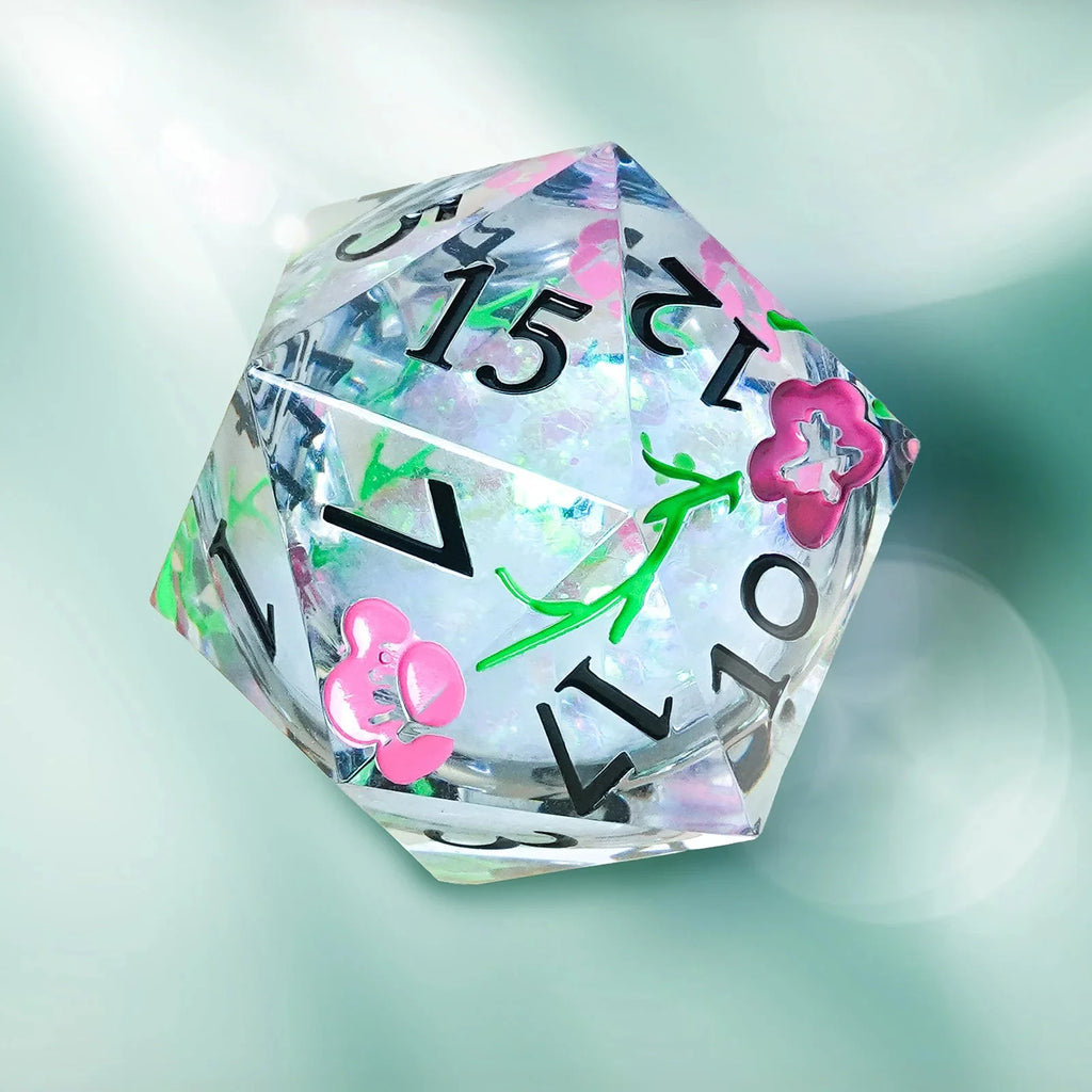 Colorful Glitter-35mm Painting Flower Resin Liquid Core D20 Dice + Black Numbers