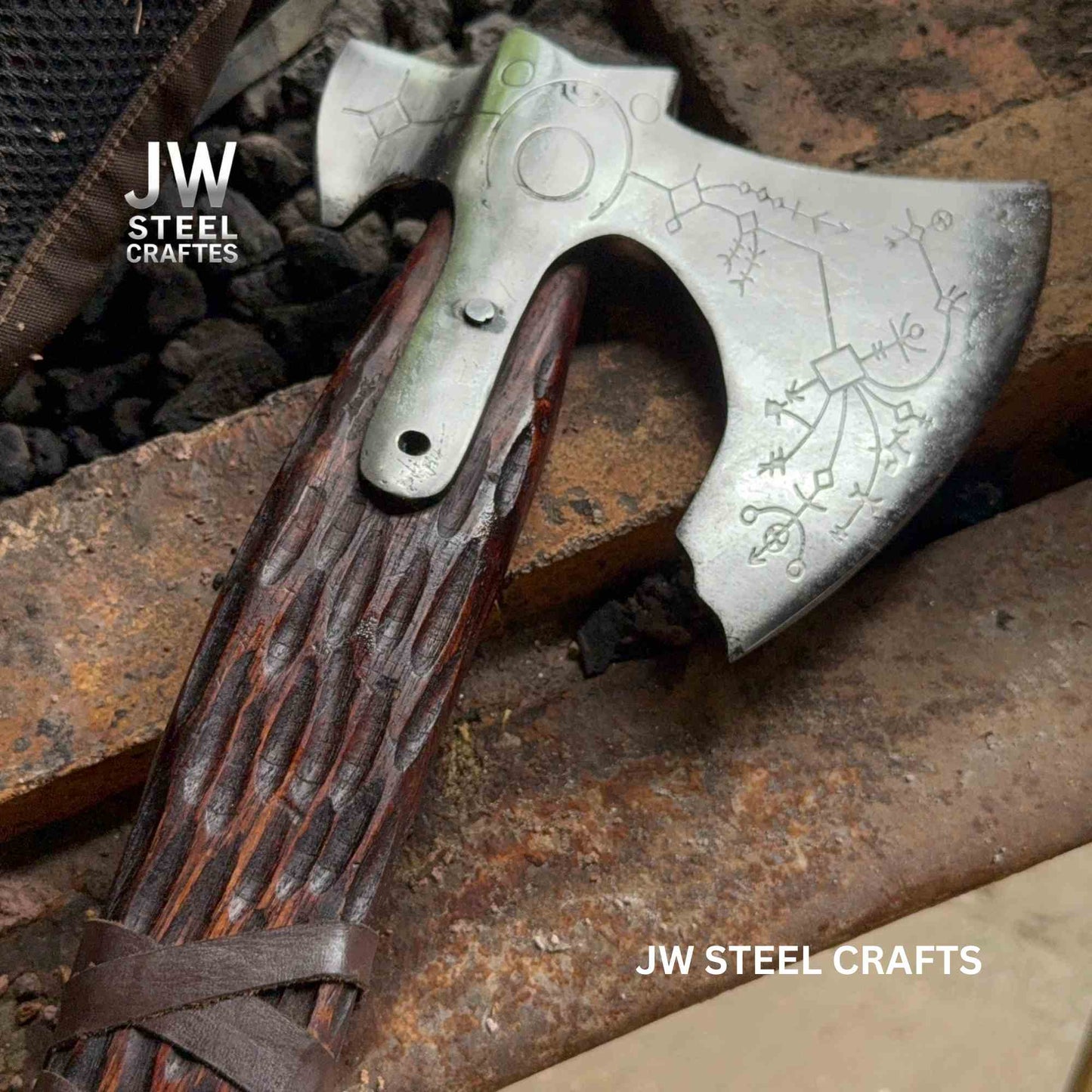 Hand Engraved Viking Double-Bit Axe with Carved Hardwood Handle and Norse Rune Detailing | Handmade Damascus Steel Collector Axe | JW SteelCrafts